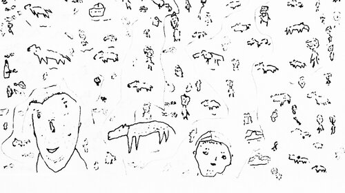 Kontakte - Grafik aus dem Atelier PIX Eine Grafik mit vielen Gesichtern, Tieren und Figuren