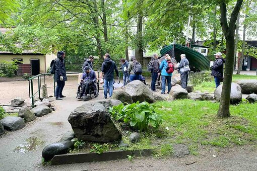 Eine Gruppe Menschen läuft auf einem Weg vorbei an Rasenflächen, Bäumen und Käfigen mit Tieren