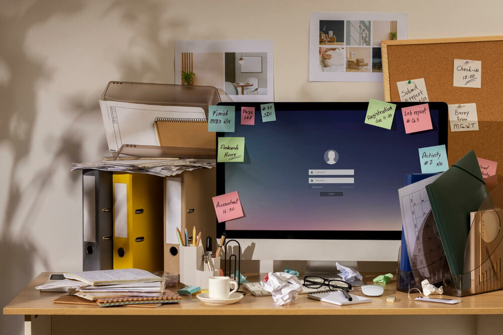Ein Bildschirm steht auf einem Schreibtisch und ist mit Notizzetteln beklebt