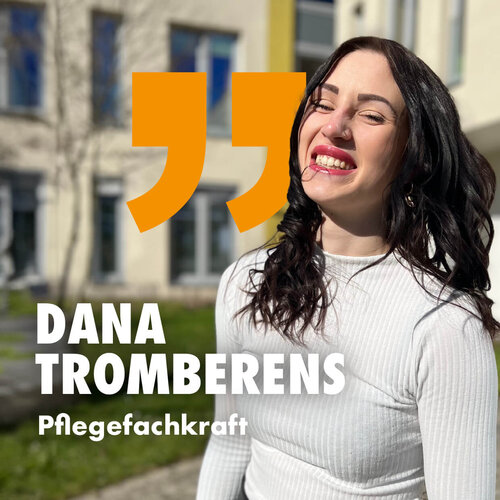Dana Tromberens hat ihre Ausbildung zur Pflegefachkraft erfolgreich absolviert Pflegefachkraft Dana Tromberens vor der Tagespflege Greifswald